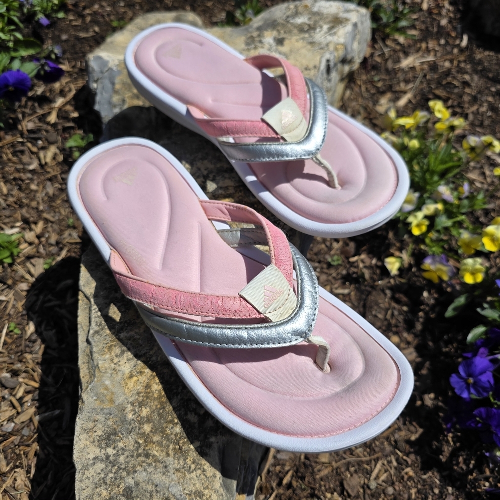 Adidas Women's Pink and Silver Flip Flops